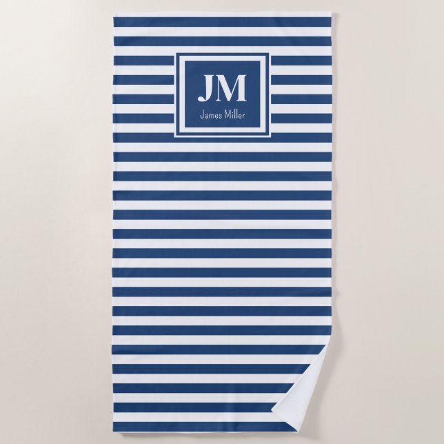 Serviette De Plage Monogramme de bande marine bleu et blanc (Devant)