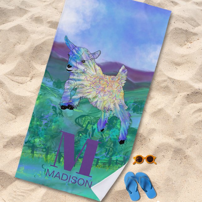 Serviette De Plage Monogramme de chèvre mignonne (Cute jumping baby goat colorful animal art custom monogram beach towel)