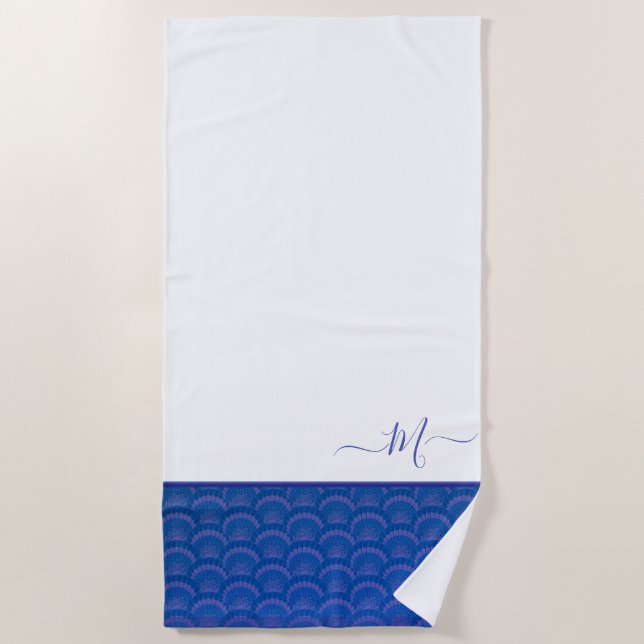 Serviette De Plage Monogramme de Coastère bleu blanc (Devant)