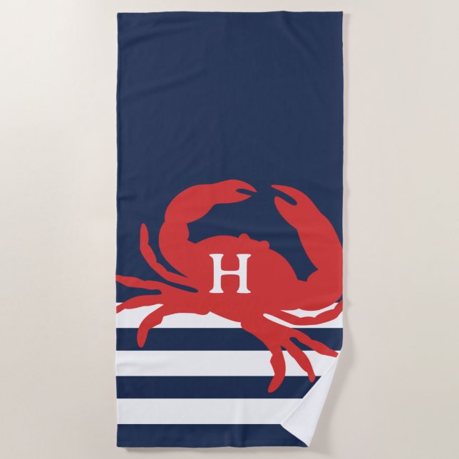 Serviette De Plage Monogramme de crabe rouge de la marine nautique (Devant)