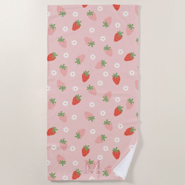 Serviette De Plage Monogramme de fraises roses et rouges (Devant)