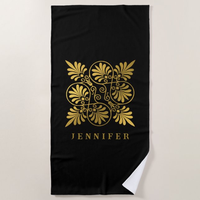 Serviette De Plage Monogramme de méandre grec antique noir or (Devant)