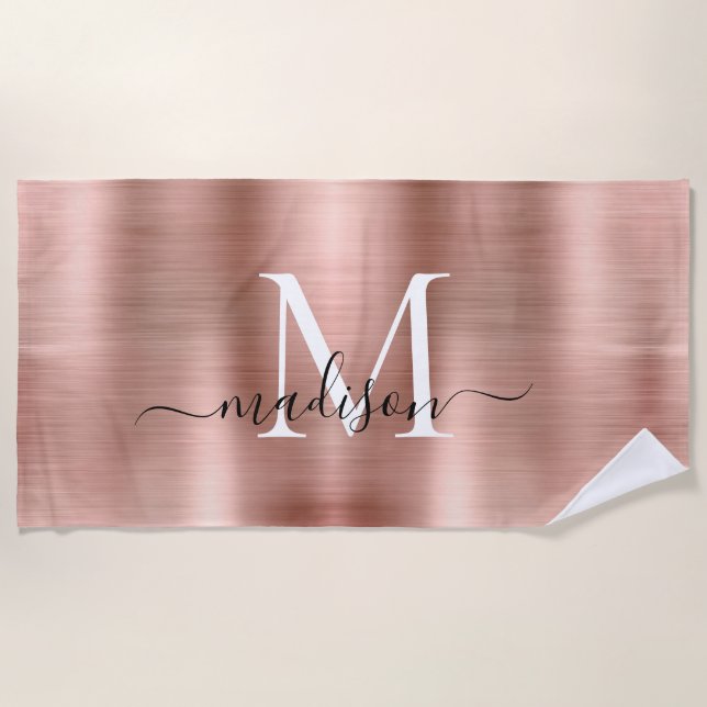 Serviette De Plage Monogramme de métal brossé rose rose Girly (Devant)
