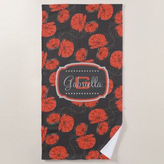 Serviette De Plage Monogramme de Motif moderne Red Poppy sur Slate Gr