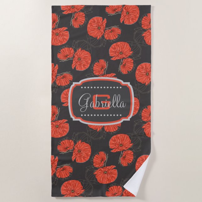 Serviette De Plage Monogramme de Motif moderne Red Poppy sur Slate Gr (Devant)