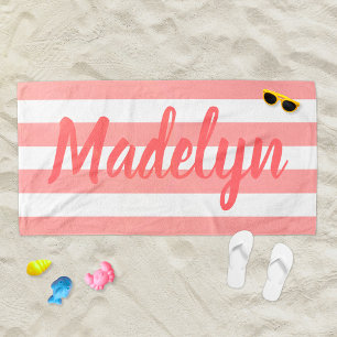 Serviette De Plage Monogramme de nom en écriture Coral Stripe