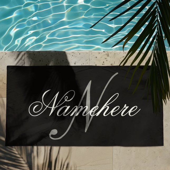 Serviette De Plage Monogramme de nom noir et blanc personnalisé uniqu (Créateur téléchargé)
