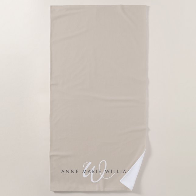 Serviette De Plage Monogramme de script blanc marron moderne (Devant)