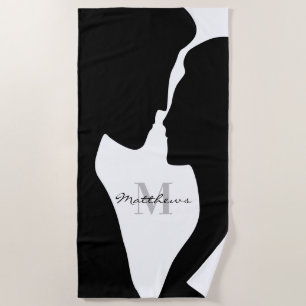 Serviette De Plage Monogramme de silhouette du couple de baisers noir