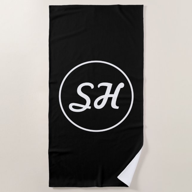 Serviette De Plage Monogramme de style rétro-moderne cool | Noir et b (Devant)