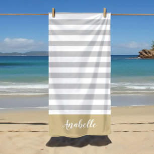 Serviette De Plage Monogramme des rayures or et gris Couleurs modif