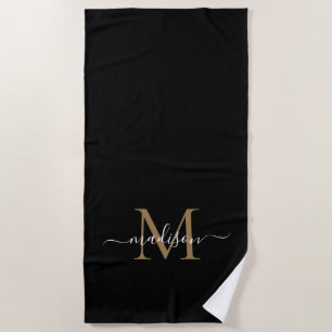 Serviette De Plage Monogramme d'or noir moderne Script féminin chic