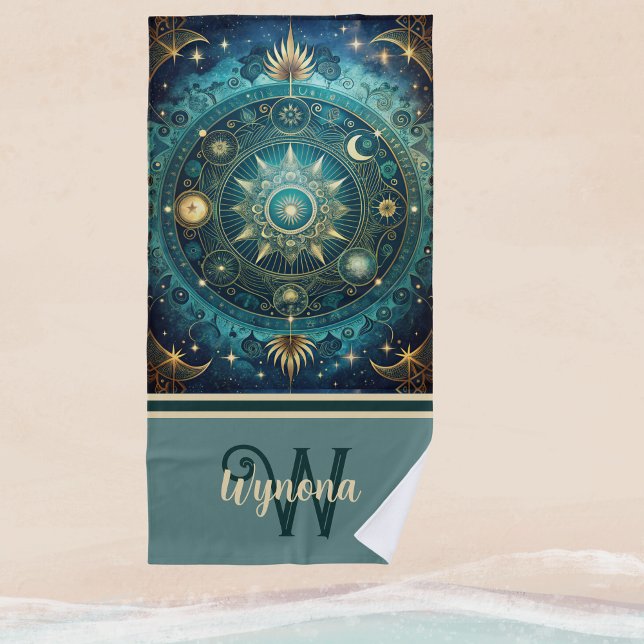 Serviette De Plage Monogramme d'or Turquoise de la galaxie de Mandala (Créateur téléchargé)