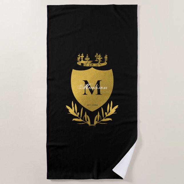Serviette De Plage Monogramme du bouclier royal noir et or (Devant)