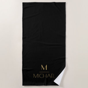 Serviette De Plage Monogramme élégant moderne Mat de bain noir et or
