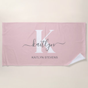 Serviette De Plage Monogramme élégant rose poudré gris écriture