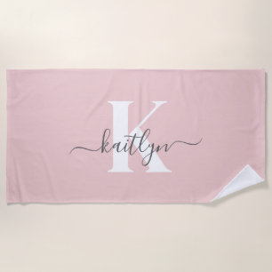Serviette De Plage Monogramme élégant rose poudré gris écriture