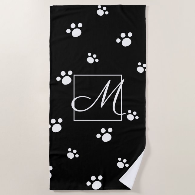 Serviette De Plage Monogramme Empreinte de patte de chien mou noir et (Devant)