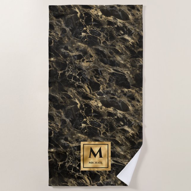 Serviette De Plage Monogramme en marbre noir et or Elégant luxe (Devant)