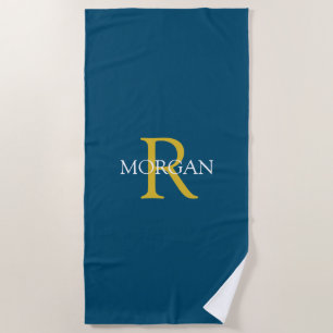 Serviette De Plage Monogramme et nom, Or et blanc, bleu océan