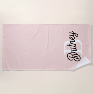 Serviette De Plage Monogramme et nom personnalisé moderne Pastel Pink