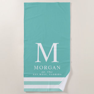 Serviette De Plage Monogramme famille en gras Turquoise   Blanc
