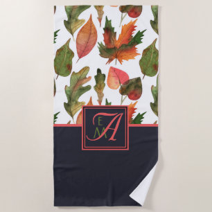 Serviette De Plage Monogramme Feuilles d'automne Bleu Orange Décor d'