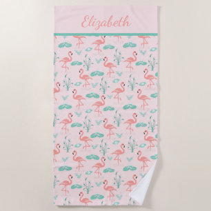 Serviette De Plage Monogramme Flamants roses roses Green Palm Feuille