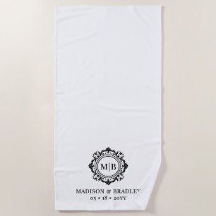 Serviette De Plage Monogramme Floral Orné Mariage Élégant noir blanc