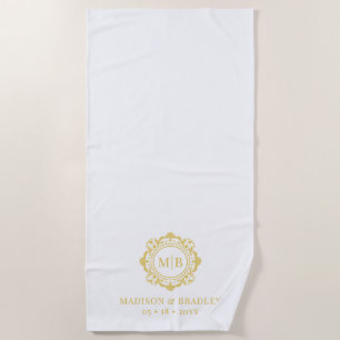 Serviette De Plage Monogramme Floral Orné Mariage Élégant Or Blanc