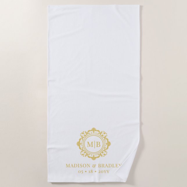 Serviette De Plage Monogramme Floral Orné Mariage Élégant Or Blanc (Devant)