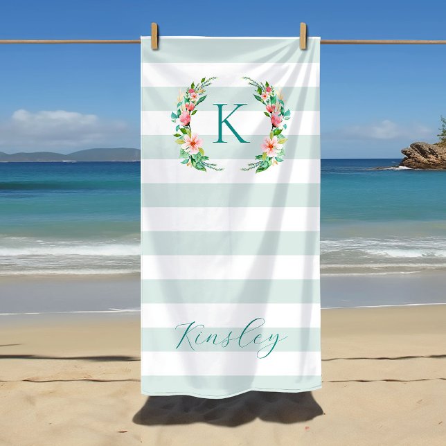 Serviette De Plage Monogramme floral paradis et rayures (Créateur téléchargé)