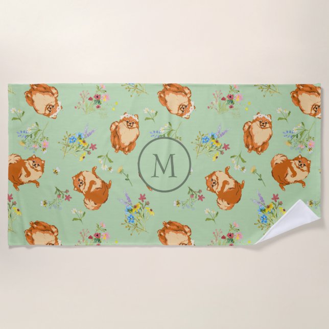 Serviette De Plage Monogramme Floral Pomeranian Motif Vert (Devant)