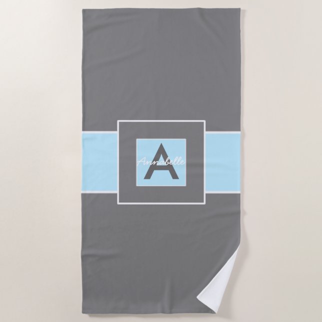 Serviette De Plage Monogramme gris bleu personnalisé (Devant)
