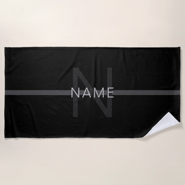 Serviette De Plage Monogramme gris foncé, nom et bande géométrique (Devant)