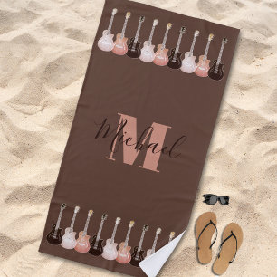 Serviette De Plage Monogramme guitare motif rustique brun