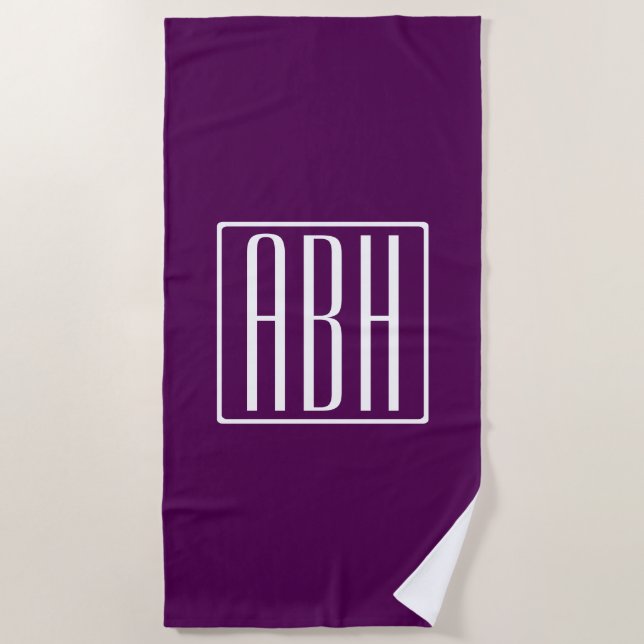 Serviette De Plage Monogramme initial | Blanc Sur Violet Profond (Devant)