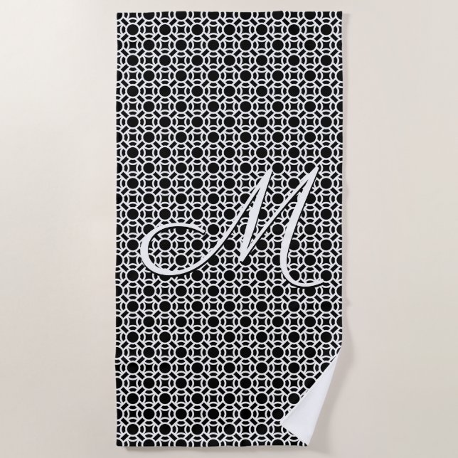 Serviette De Plage Monogramme initial géométrique noir et blanc (Devant)