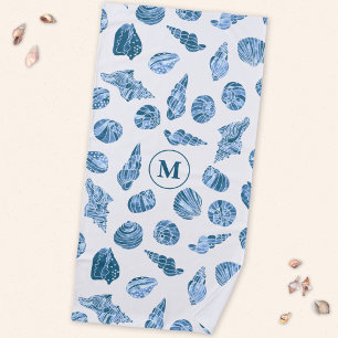 Serviette De Plage Monogramme Initial Naïutique Aquarelle Coquillage