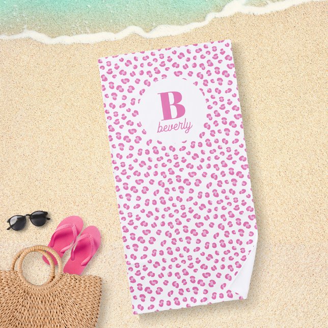 Serviette De Plage Monogramme initiale impression léopard rose (Créateur téléchargé)