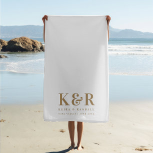 Serviette De Plage Monogramme mariage minimaliste Or simple et blanc