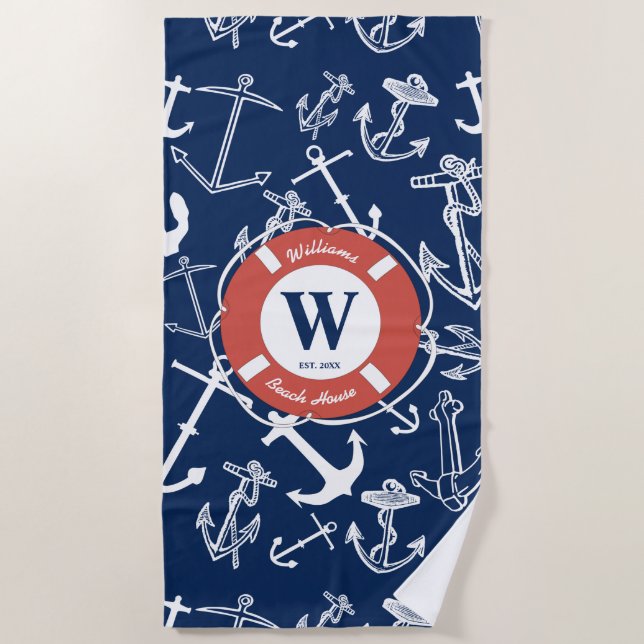 Serviette De Plage Monogramme marine Ancre bleue Maison de plage (Devant)