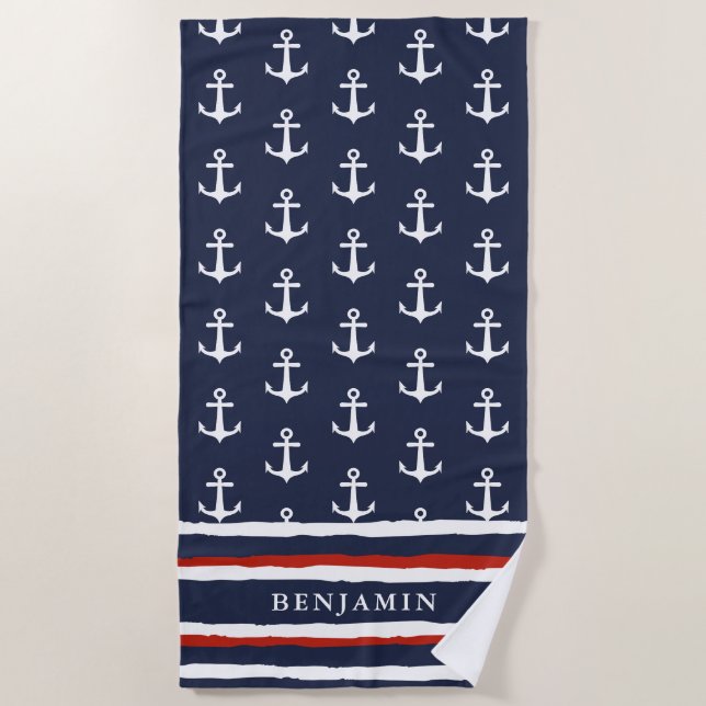 Serviette De Plage Monogramme Marine Bleu Rouge Blanc Ancre (Devant)