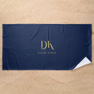 Serviette De Plage Monogramme minimaliste élégant bleu marine foncé é