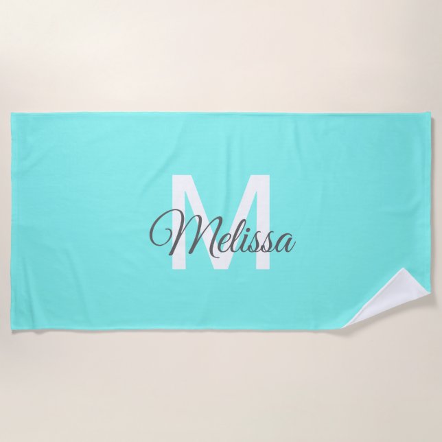 Serviette De Plage monogramme moderne chic minimaliste turquoise aqua (Devant)