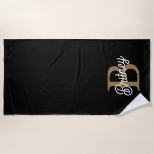 Serviette De Plage Monogramme moderne élégant Nom Black Gold Script