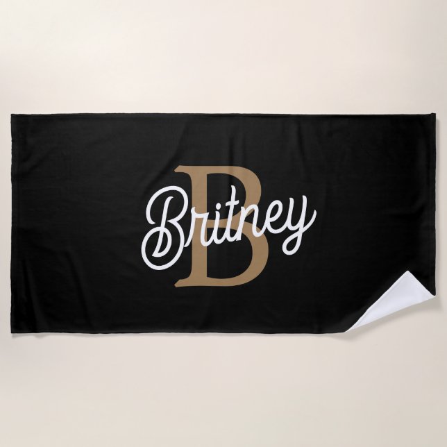 Serviette De Plage Monogramme moderne élégant Nom Black Gold Script (Devant)