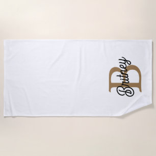 Serviette De Plage Monogramme moderne élégant Nom Black Gold Script