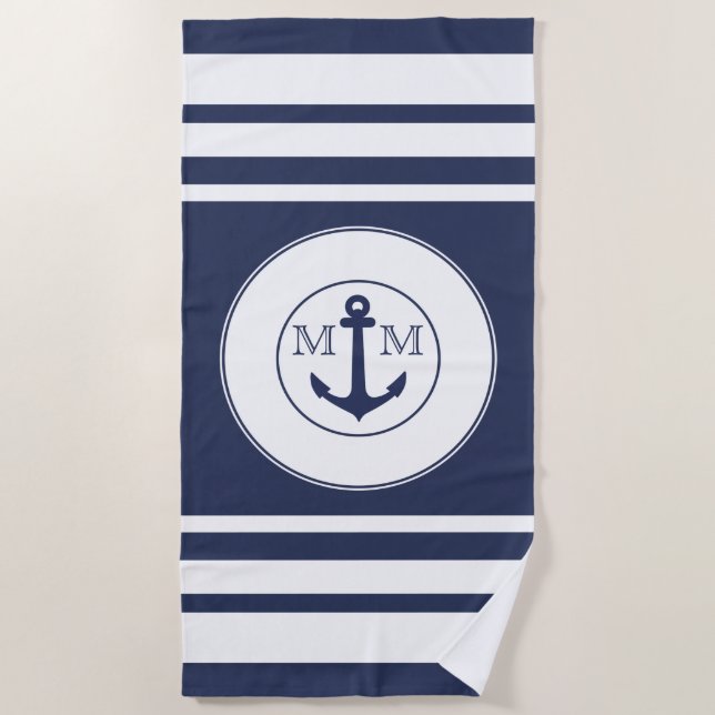 Serviette De Plage Monogramme moderne marine bleu blanc rayures (Devant)