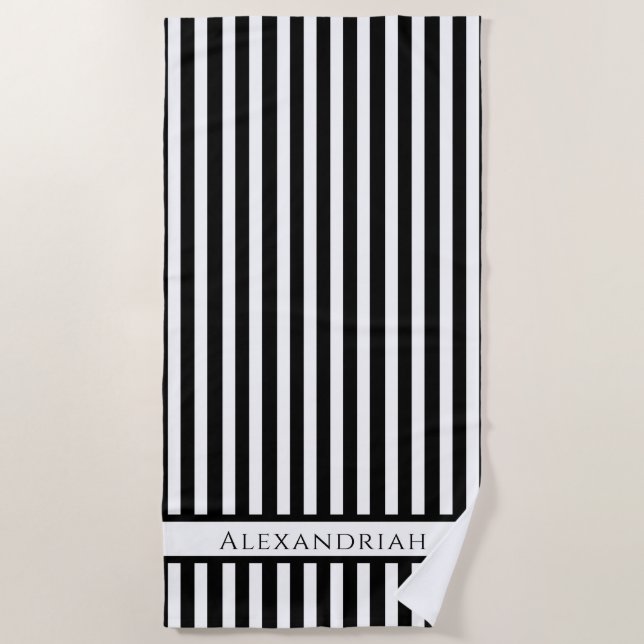 Serviette De Plage Monogramme Moderne Noir Bleu rayures salle de bain (Devant)